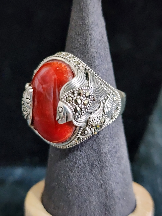 925 Sterling Silver Jewelry - Vintage 925 Sterling Silver Marcasite Red Coral Fish Statement Ring Boho
